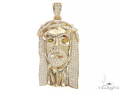 14K Yellow Gold Custom Made Jesus Diamond Pendant With Canary Eyes