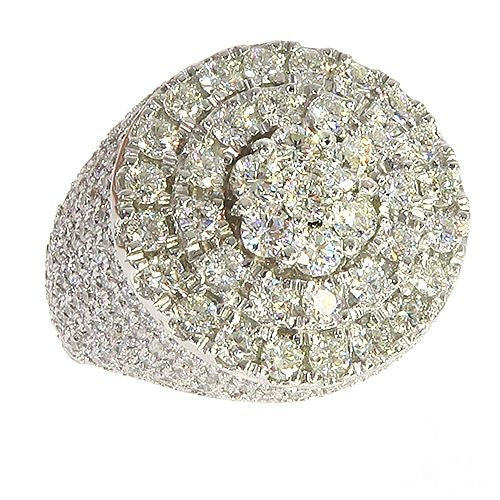 14K yellow gold Mayan pinky ring with concentric round diamond clusters, heavy design