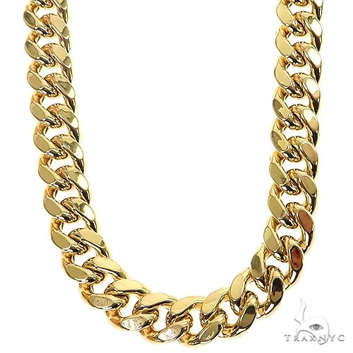 14k yellow gold hollow Miami Cuban link chain, 9mm width, 26 inches, flattened interlocked links, front view