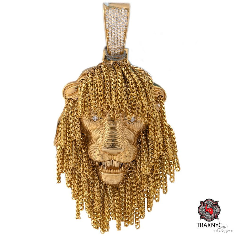 14K yellow gold lion head pendant with braided mane and diamond accents on eyes and bail