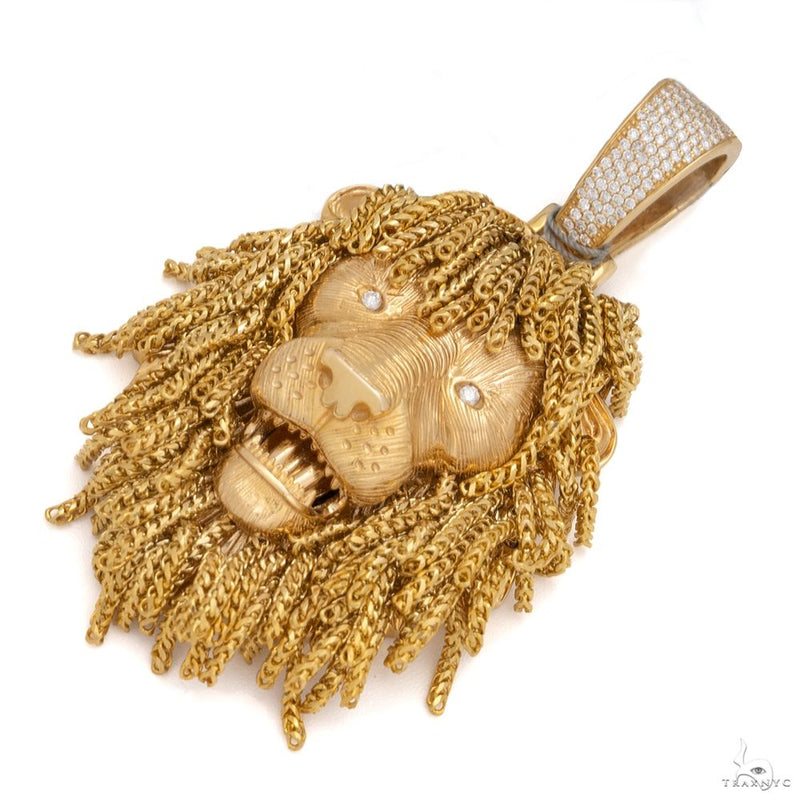 14K yellow gold lion head pendant with braided mane and diamond accents on the bail