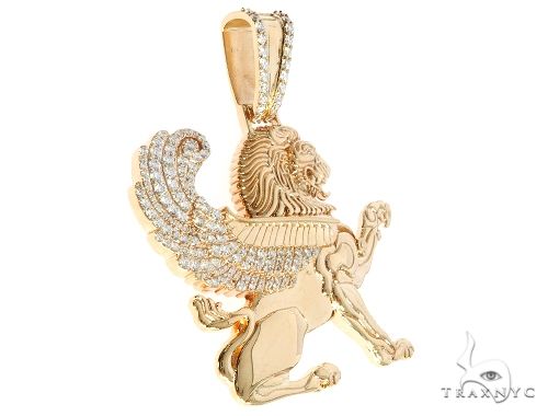 14K yellow gold lion pendant with diamond-encrusted wings and intricate detailing