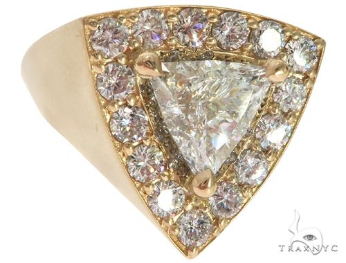 Mens 14k yellow gold prong-set trillion cut diamond ring – angled top view showing angular faceted stones