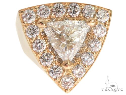14K yellow gold ring with trillion-cut diamond and round diamond halo detailing