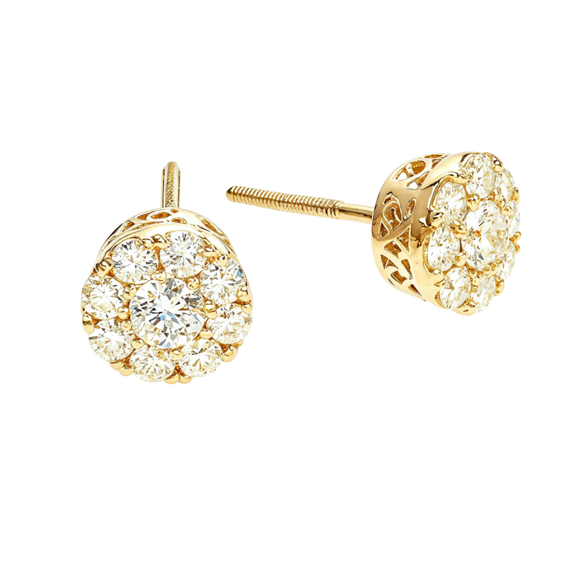 14K yellow gold cluster stud earrings with sparkling round diamonds