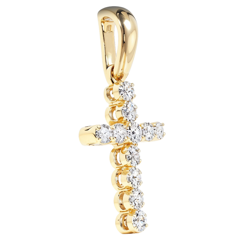 14K yellow gold small cross pendant with round sparkling diamonds for women