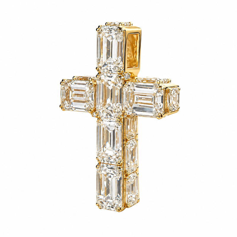 14K Gold Emerald Cut Lab Diamond Cross Pendant 71921 - TRAX1