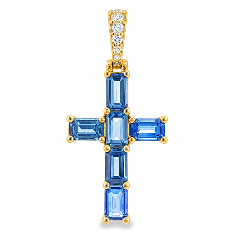 14K Gold Ocean Blue Emerald Cut Sapphire Cross Pendant