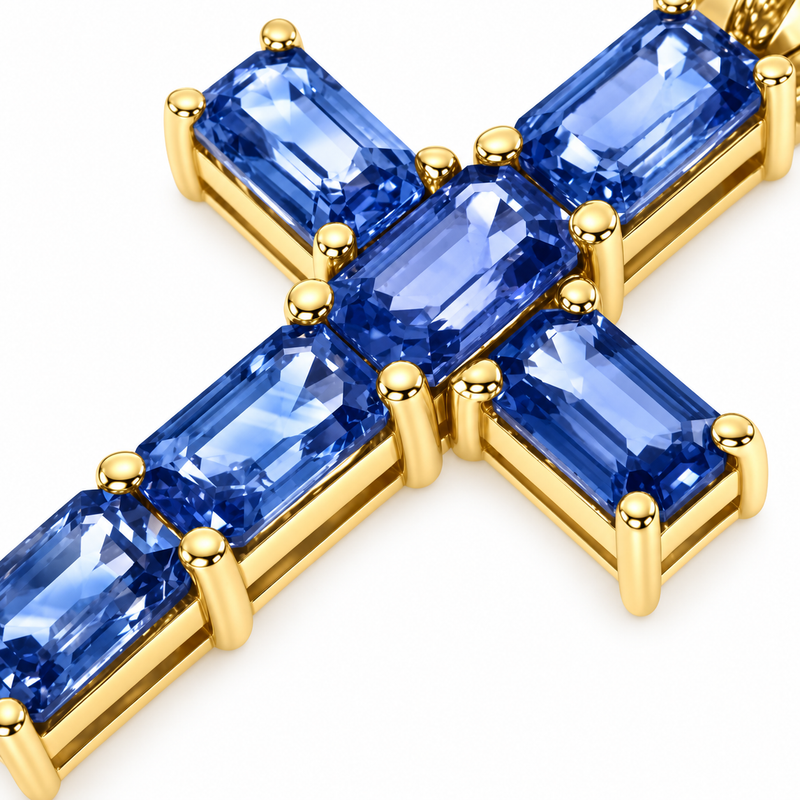 14K Gold Ocean Blue Emerald Cut Sapphire Cross Pendant, photo 4 of 12