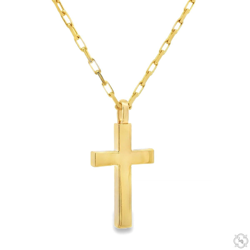 14k yellow gold cross pendant with polished finish on matching chain
