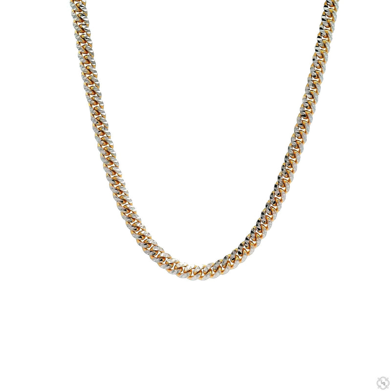 14k gold two tone diamond cut Miami Cuban link chain – alternating polished and textured faceted links, flat lay view