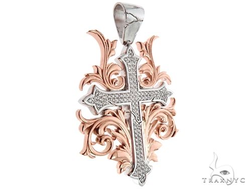 14k two tone diamond filigree cross pendant with rose gold ornate detailing