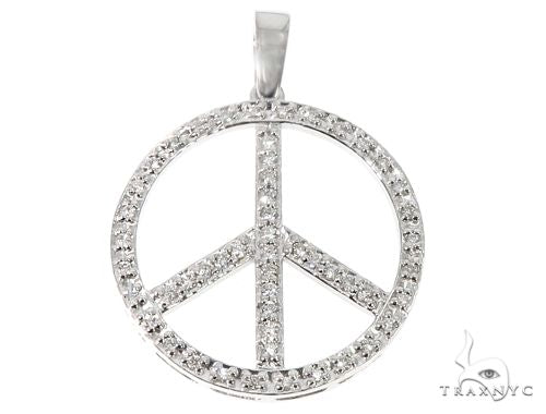14k white gold men's peace symbol pendant with round sparkling diamonds