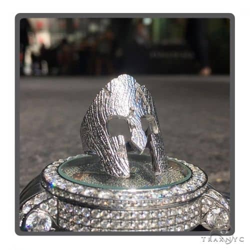 14k white gold men's ring shaped like a detailed Spartan mask with textured surface
