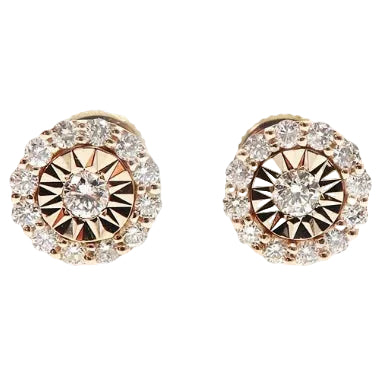 14k yellow gold round diamond stud earrings with halo setting and central brilliant cut diamond