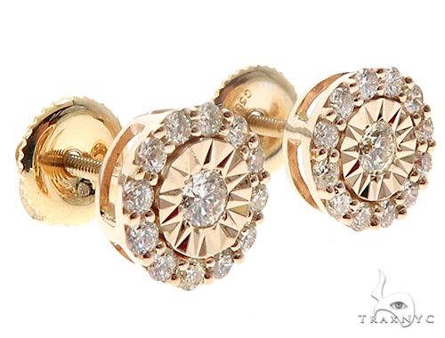 14k yellow gold round diamond stud earrings with halo setting and central brilliant cut diamond