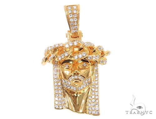 Diamond Cuban link crown Jesus pendant in 14k yellow gold — front-facing view showing crown detailing and diamond accents