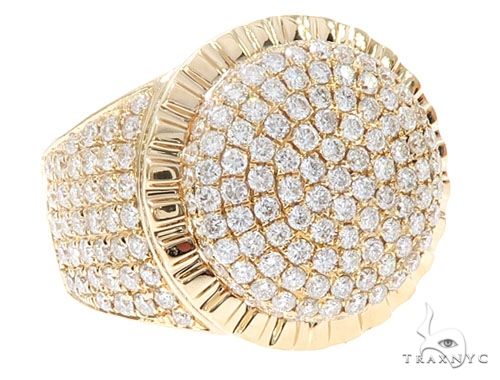 Men's dome ring in 14k yellow gold with diamond-set curved top, front angle view