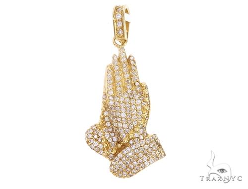 Diamond prayer hands pendant in 14k yellow gold — front view showing diamond-set praying hands motif