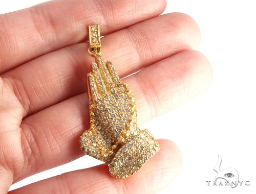 14k Yellow Gold Diamond Prayer Hands Pendant, photo 5 of 7