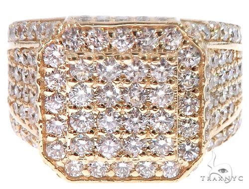 Men's diamond ring in 14k yellow gold – round cut diamonds across band, front angle
