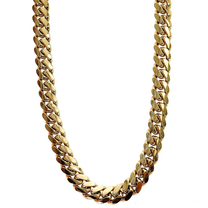 14k yellow gold solid Miami Cuban link chain, 7mm width, 22 inches, high-polish flat-link close-up