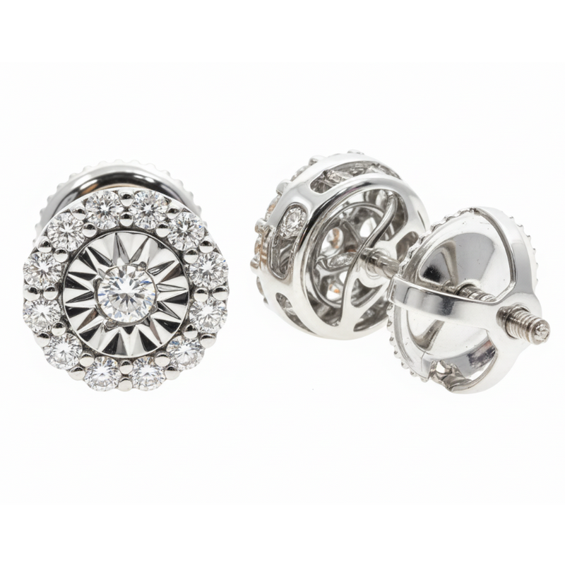 14k yellow gold diamond stud earrings with halo setting and ridged center design