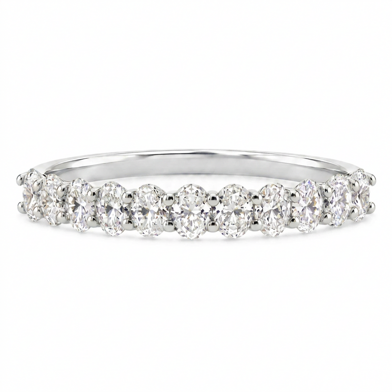 14K white gold petite oval lab-grown diamond wedding band, front view