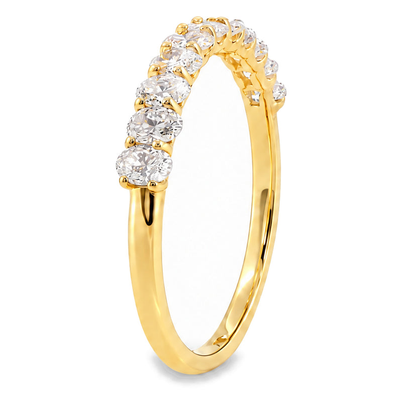 14K yellow gold petite oval lab-grown diamond wedding band, standing upright