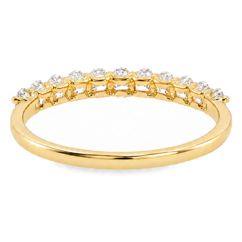 14K yellow gold petite oval lab-grown diamond wedding band, back view of the prongs
