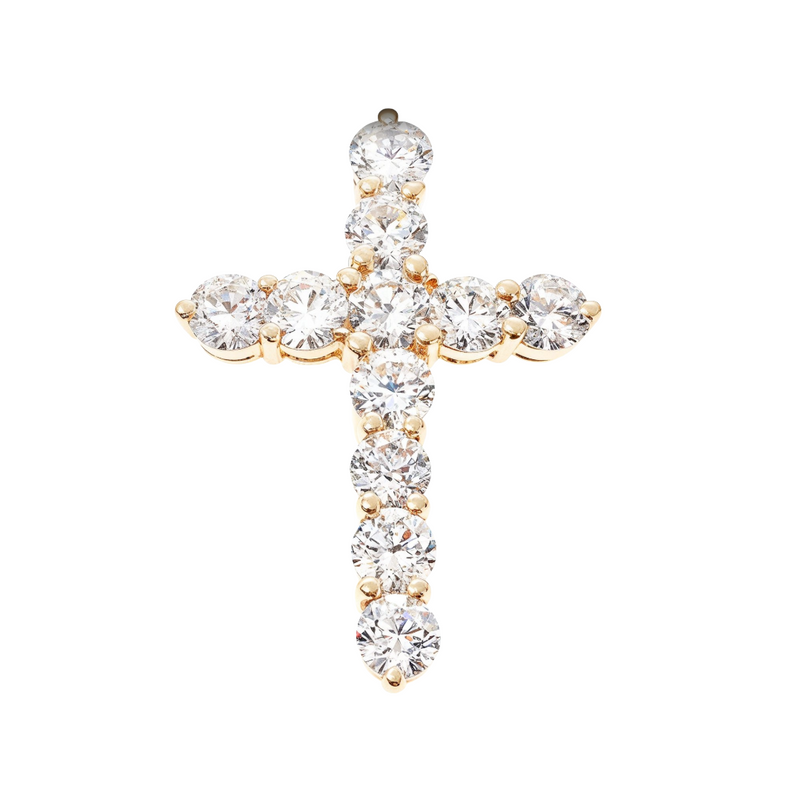14k yellow gold cross pendant with round white diamonds in prong settings