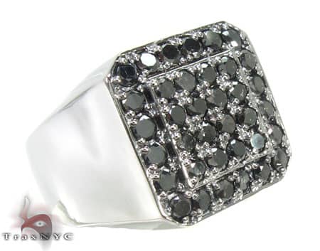 Men's 10K white gold ring with square black diamond cluster on polished band