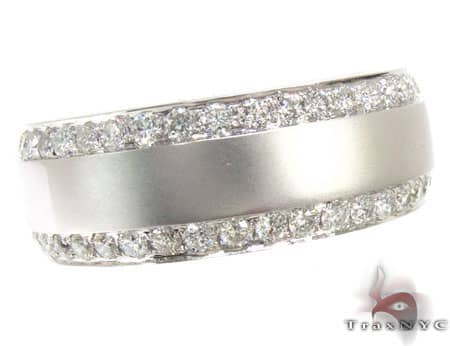 14k white gold wedding band with two rows of diamonds and a satin center finish