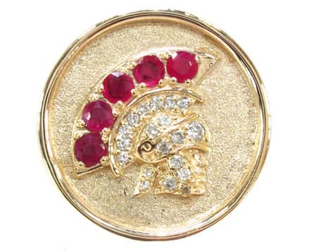 Yellow gold Warrior ring with diamond and ruby Roman helmet design