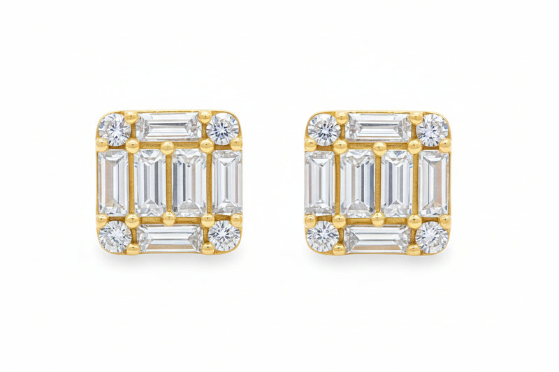18K white gold square cluster earrings with baguette and round diamonds