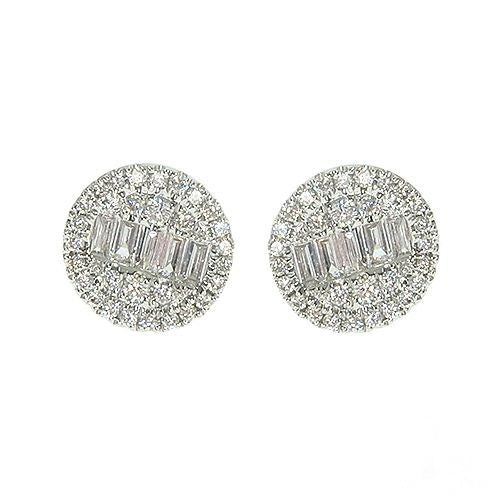 Round white gold earrings with cluster of baguette and round diamonds