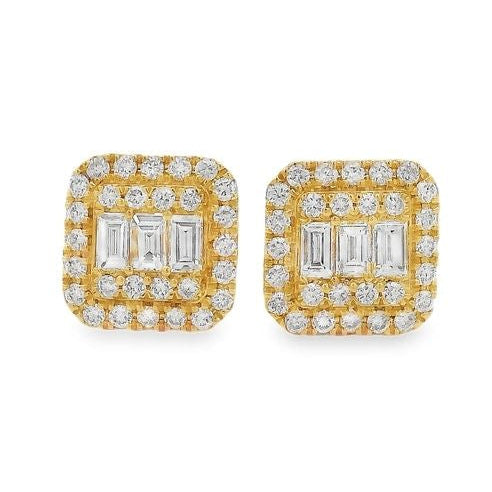 Yellow gold square cluster earrings with baguette and round diamonds