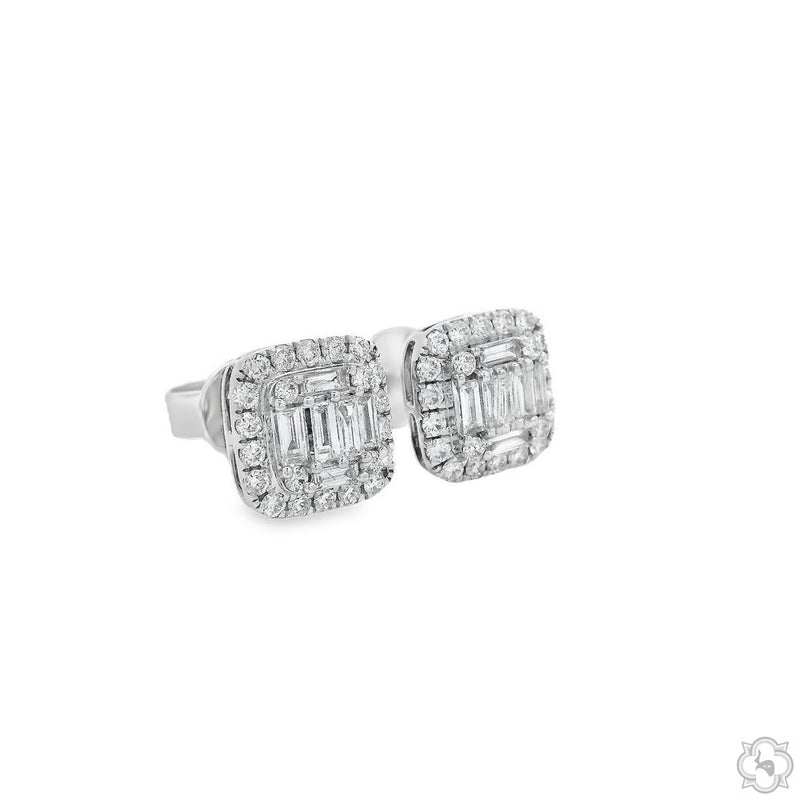 18K white gold cluster diamond square stud earrings with emerald-cut center stones