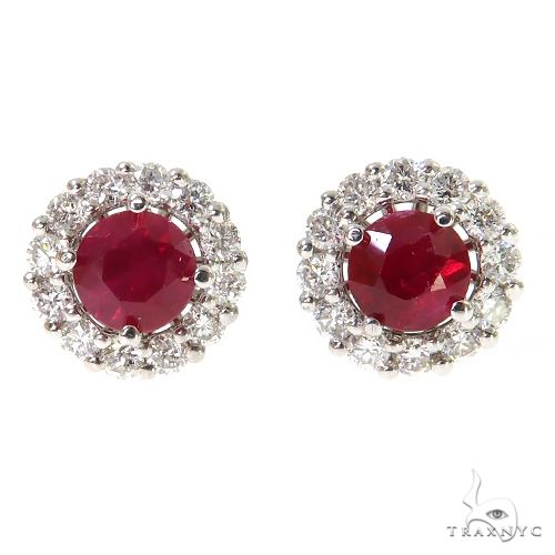 18K gold stud earrings with round ruby center and diamond halo setting