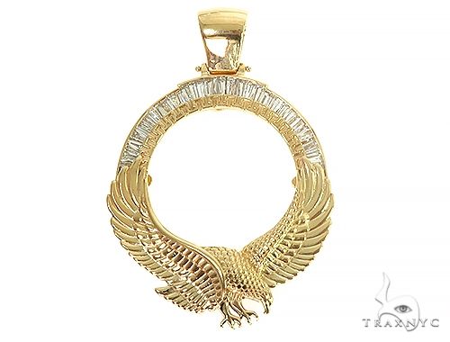 18k gold gold eagle coin pendant 18K Gold Eagle Coin Frame Baguette Diamond Pendant 66361 TraxNYC White