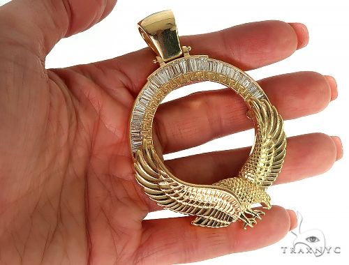 18K Gold Eagle Coin Frame Baguette Diamond Pendant 66361 - Image 7