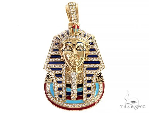 Custom diamond pharaoh pendant in 18k yellow gold – Egyptian portrait face-on, diamond-set detail, 74.20g solid gold