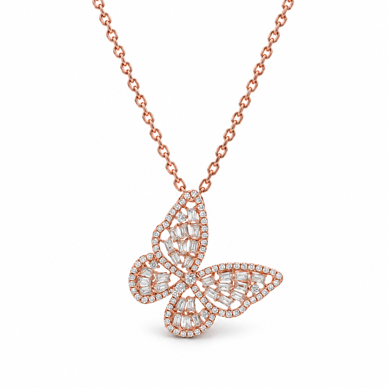 18K Gold Butterfly Baguette Diamond Necklace, view 2