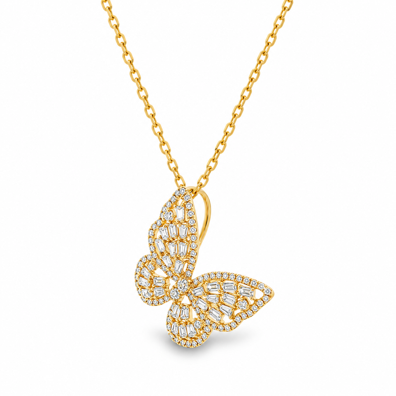 18K Gold Butterfly Baguette Diamond Necklace, view 4