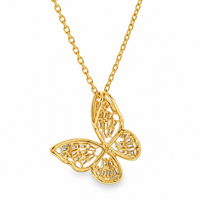 18K Gold Butterfly Baguette Diamond Necklace, view 6