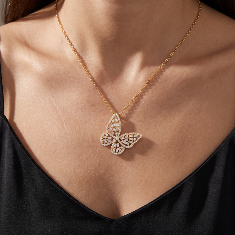 18K Gold Butterfly Baguette Diamond Necklace, view 10