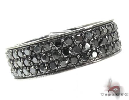 White gold men's ring with three rows of black diamonds on a polished band