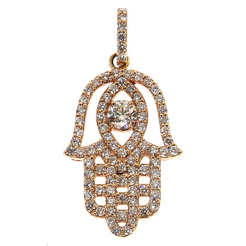 Rose gold Hamsa pendant with pave diamonds and marquise center stone on bail