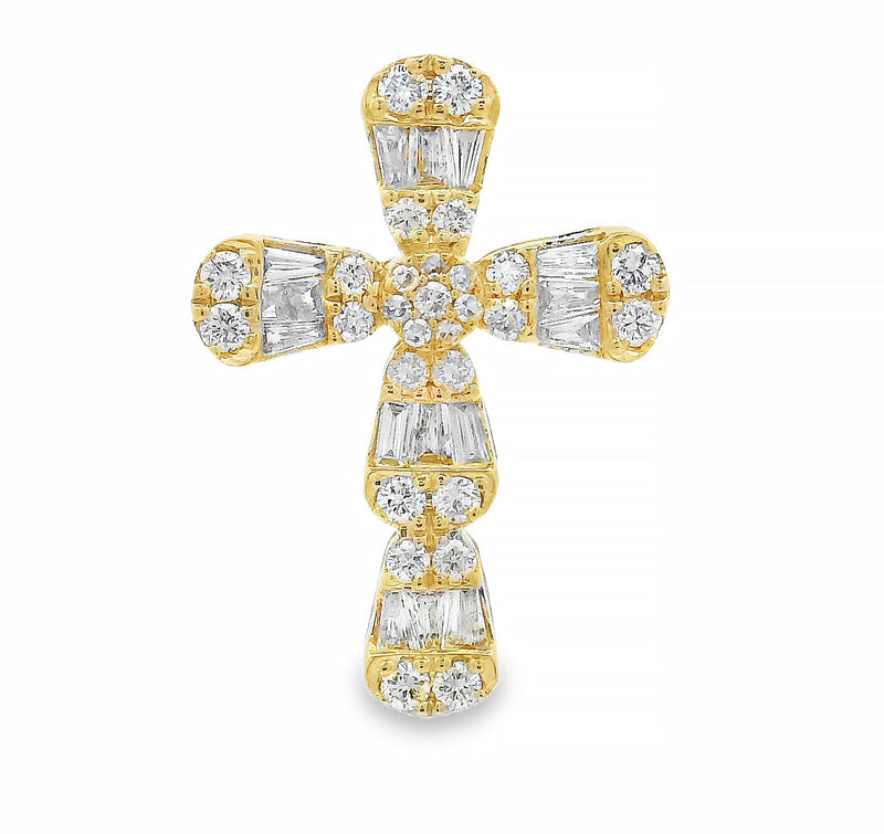 Yellow gold baguette and round diamond cross pendant with intricate gemstone detailing