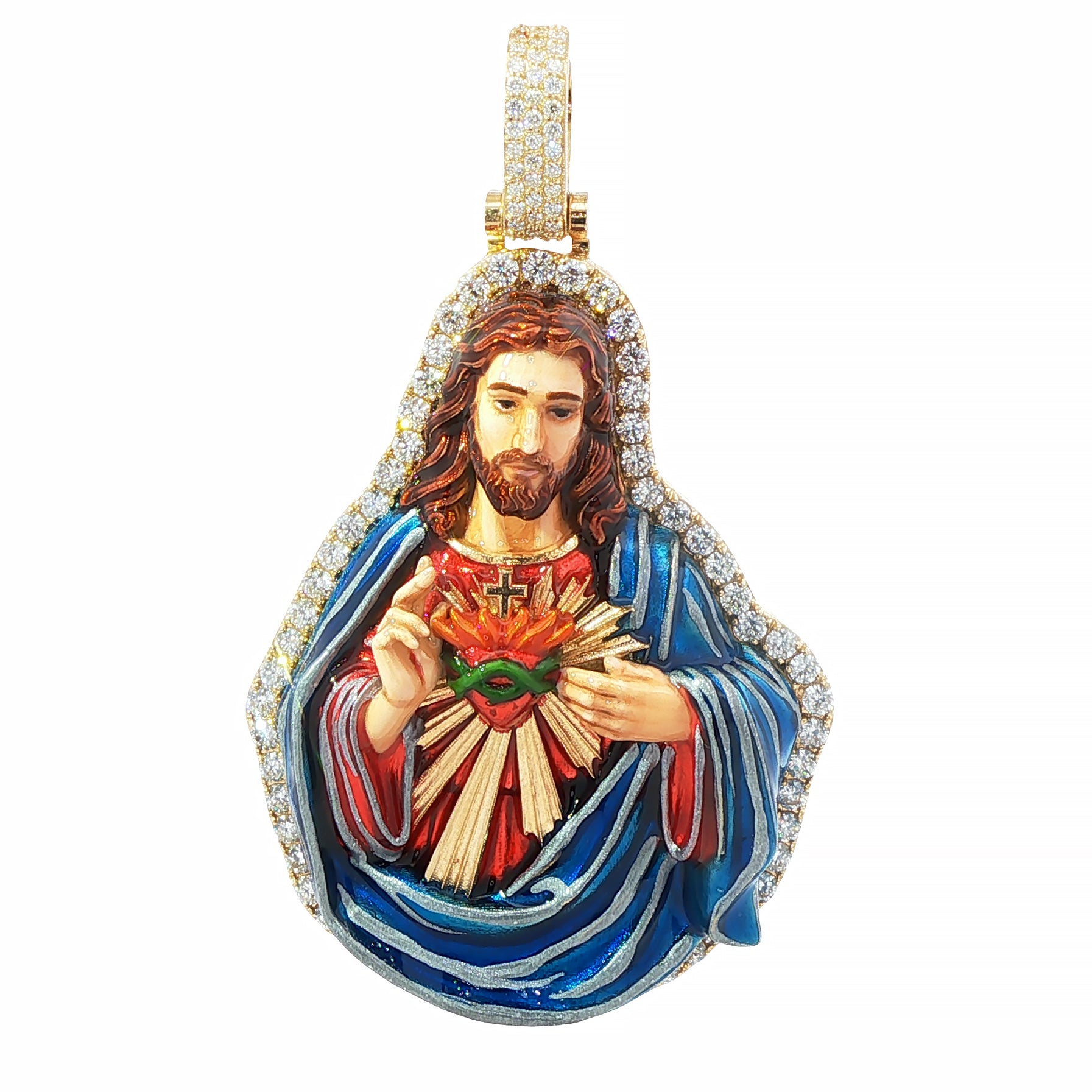 Sacred Heart Jesus Enamel Diamond Pendant 71211 | TraxNYC